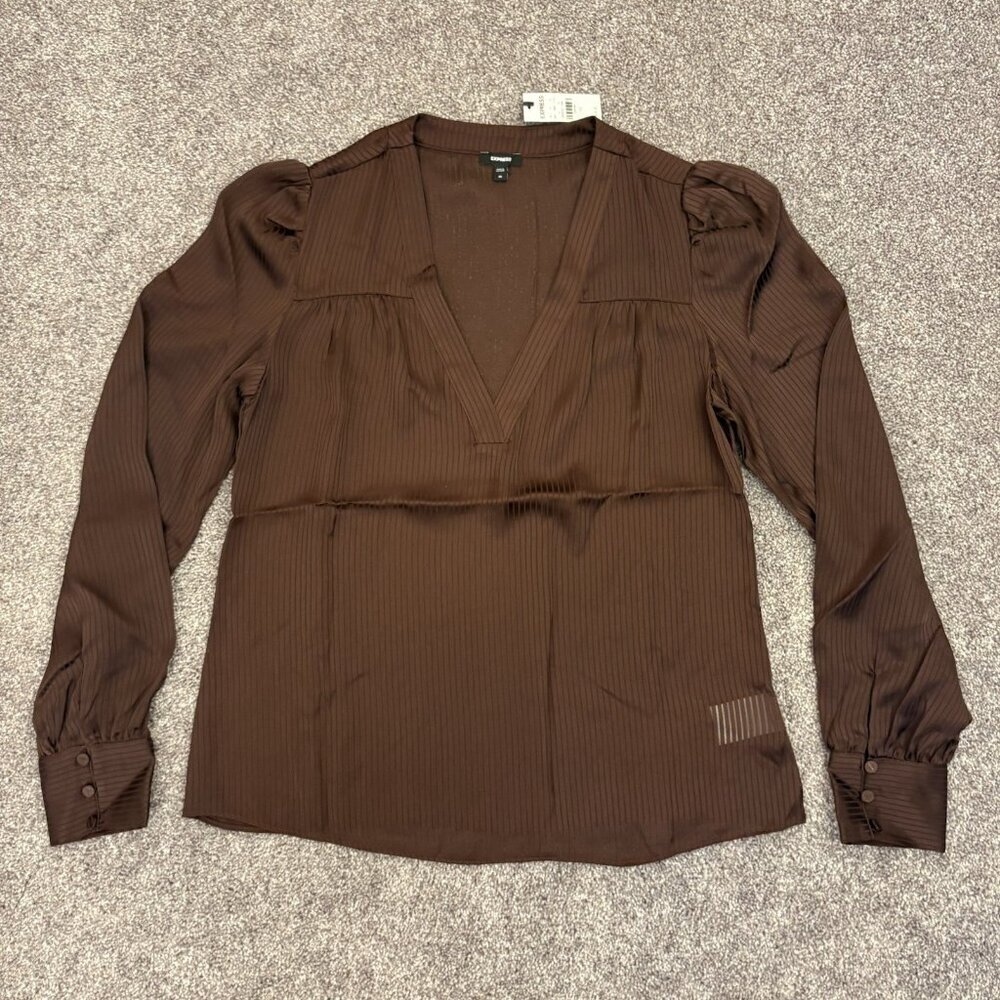 Express Women's Satin Top Size XS Brown Striped V-Neck Cuff Sleeve NWT $58 - Picture 5 of 15